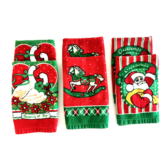 Vintage Set of 6 Jo Franco Christmas Hand Towels 100% Cotton 18x11 - Picture 1 of 6